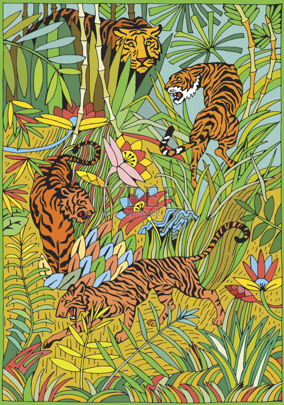 老虎在丛林中.异国热带主题着色页.