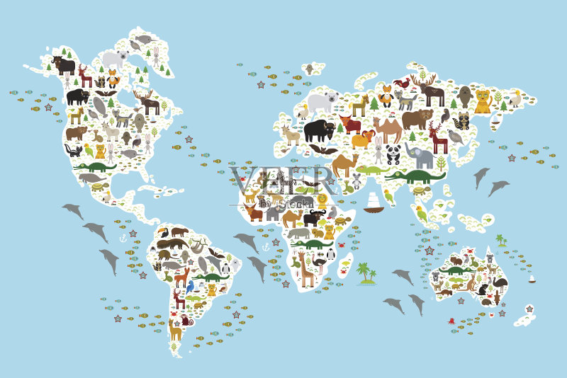 卡通动物世界地图为孩子,动物世界矢量图素材