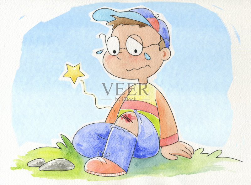 一个哭泣的男孩的卡通,在他的膝盖上切割插画