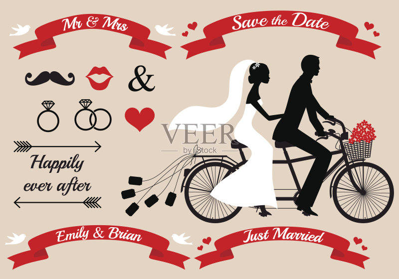 矢量 双人自行车 伴侣 婚礼 自行车篮子正版插画素材下载 Id 108969983 Veer图库