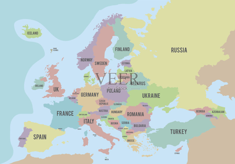 五颜六色的欧洲有英文名称的政治地图矢量图素