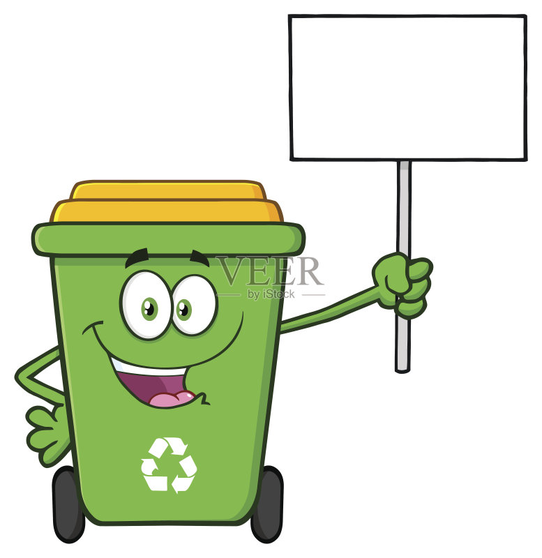 快乐的绿色回收站卡通吉祥物字符举起一个空白的标志