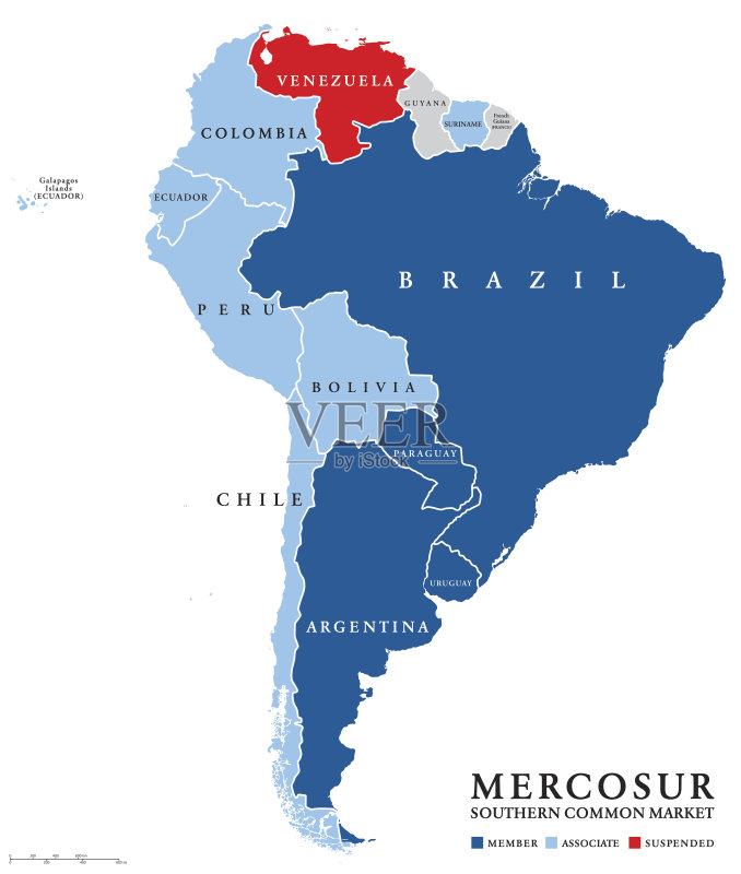 南锥体共同市场与暂停的委内瑞拉地图矢量图素