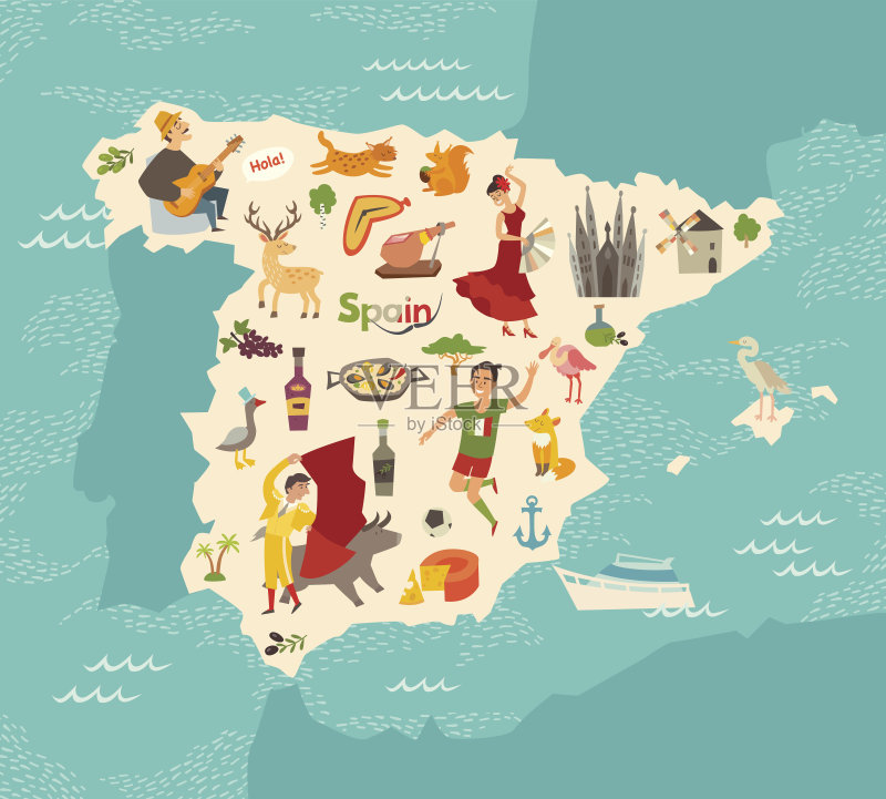 西班牙地图矢量。儿童图示。矢量图素材下载 