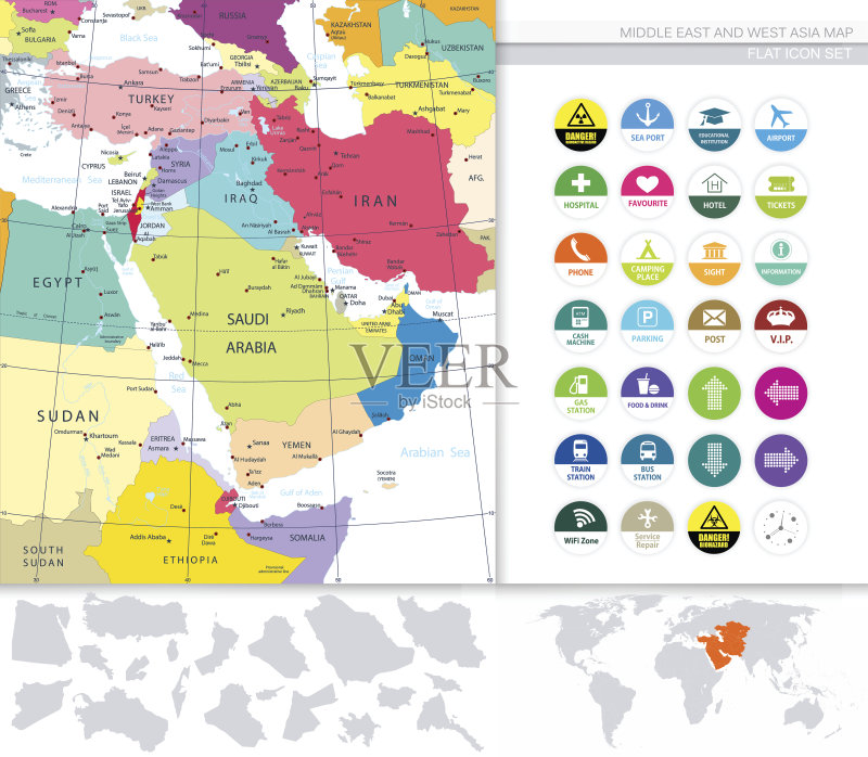 中东和西亚地图和平面图标矢量图素材使用 - V