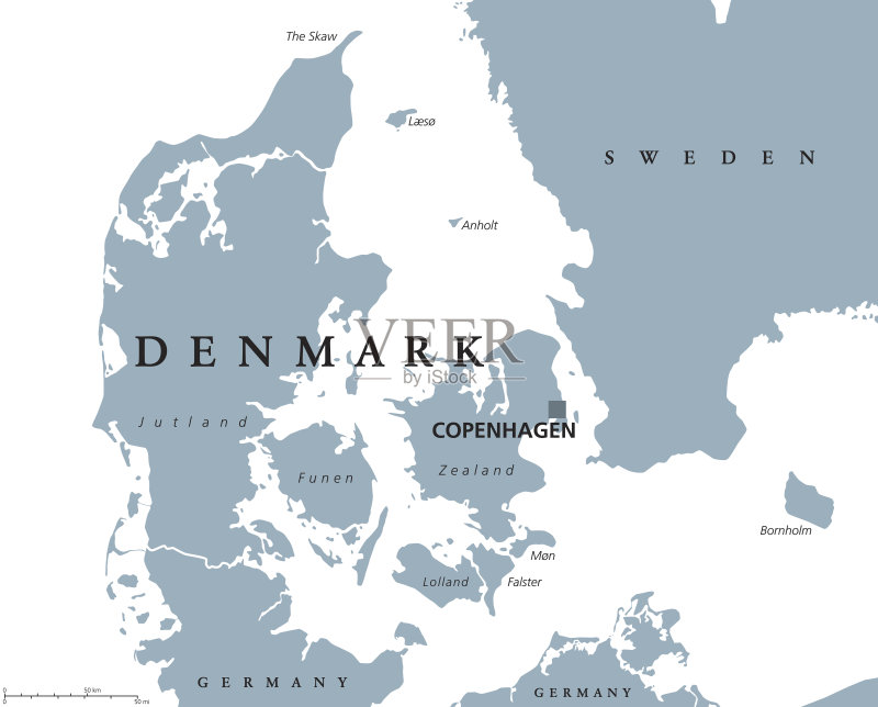 丹麦政治地图与首都哥本哈根和邻国。王国,斯