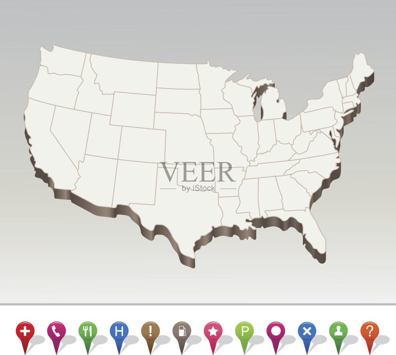 空白的白色地图美国与五颜六色的针标记矢量图