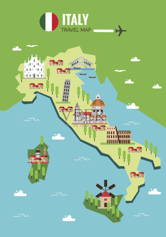 意大利旅游地图,意大利斗兽场,米兰,威尼斯。西