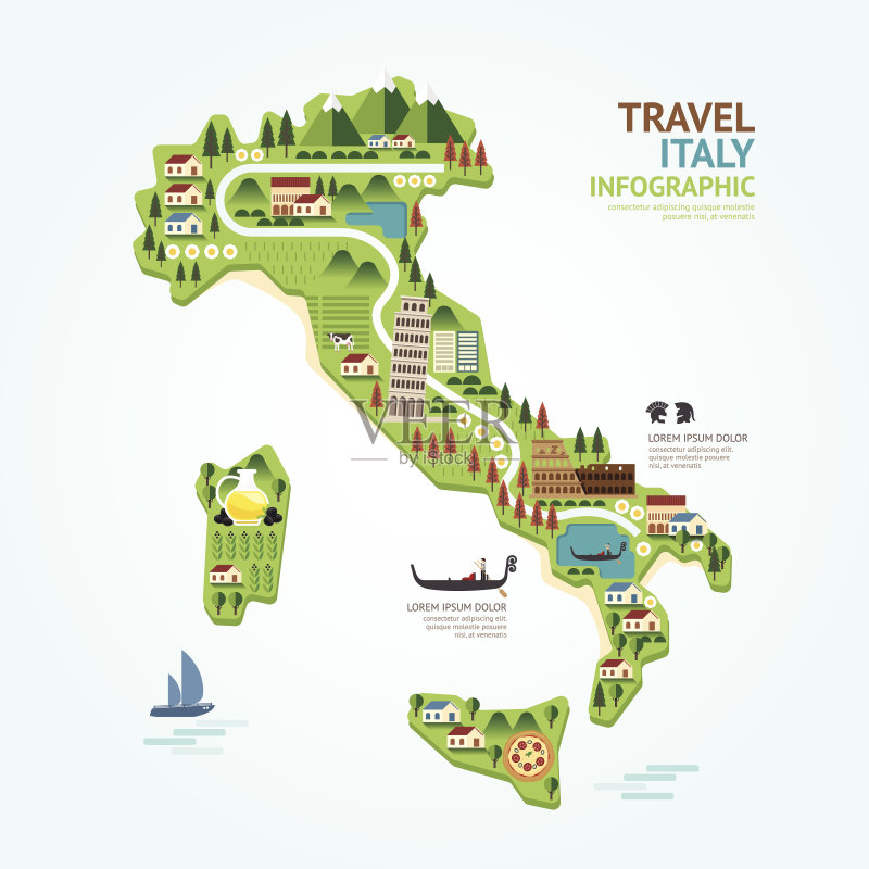 图表旅游和地标意大利地图形状模板设计。矢量