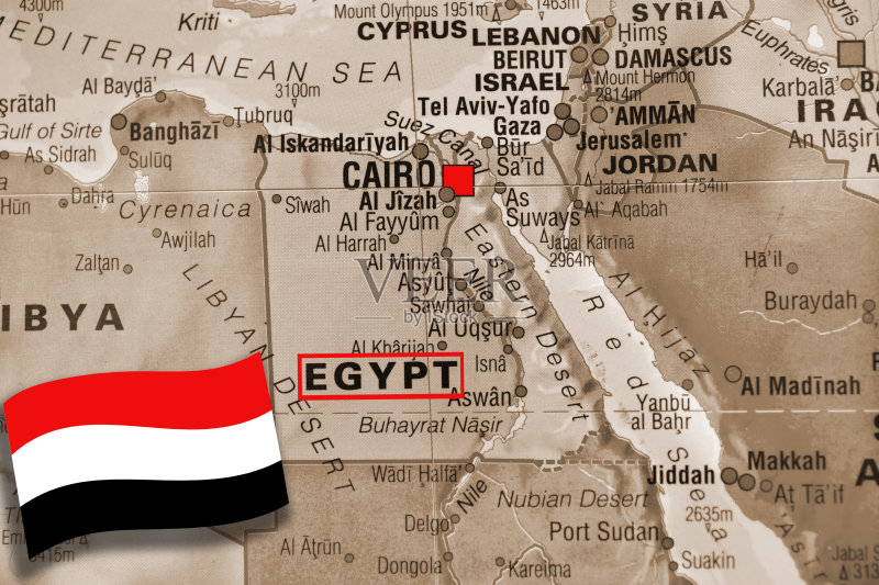 中东国家地图专注于开罗,埃及。旗。图片素材