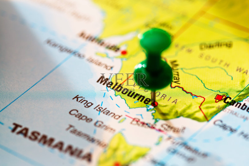 墨尔本在澳大利亚地图上标有绿色图钉图片素材