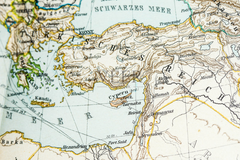 古董德国地图集地图关闭:塞浦路斯,土耳其和中