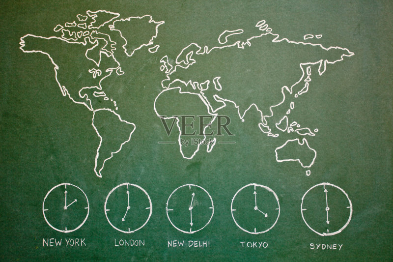 手绘世界地图在不同时钟的绿板上插画素材下载