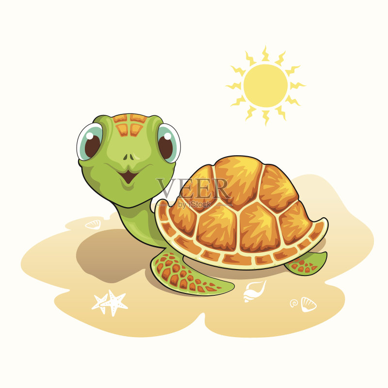 可爱的海龟卡通在沙滩上矢量图素材下载 - Ve