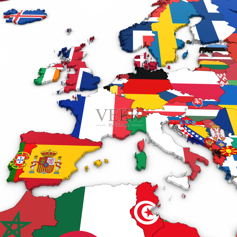 西欧的3D地图与国旗在白色背景3D插图插画素