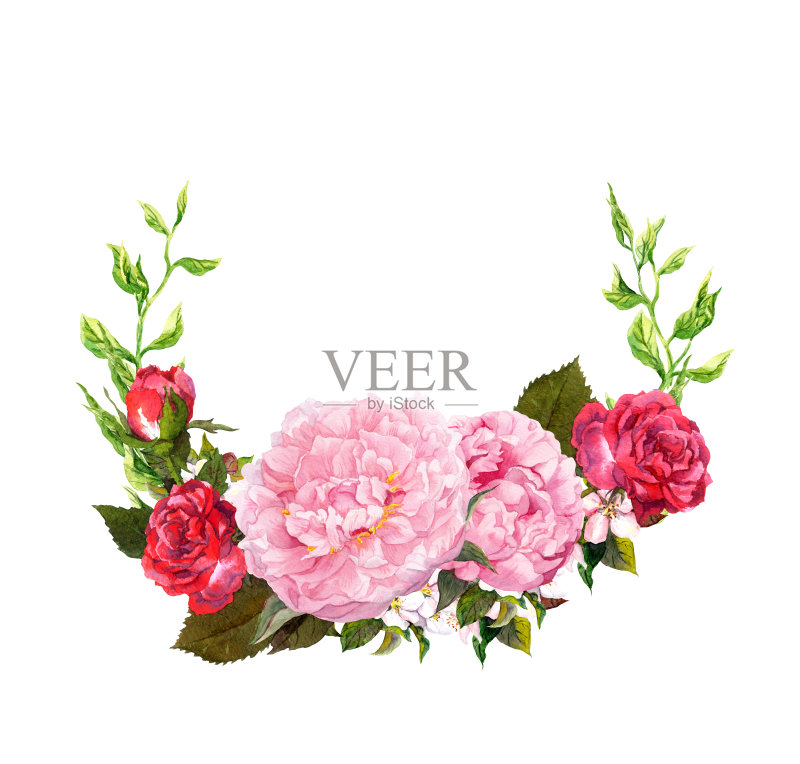 花圈与粉红色的牡丹花,红玫瑰。保存婚礼日期