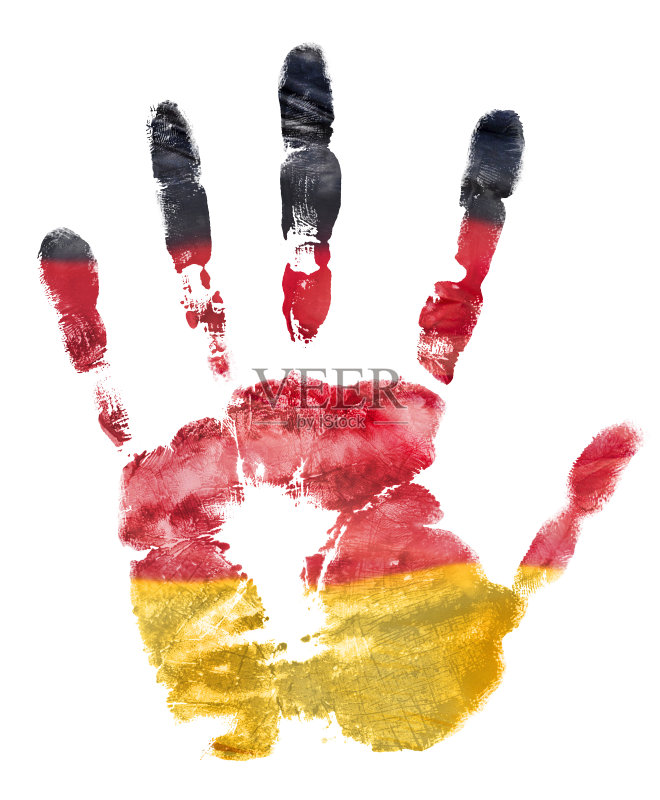 左手印在德国国旗的颜色上,印有水粉图片素材