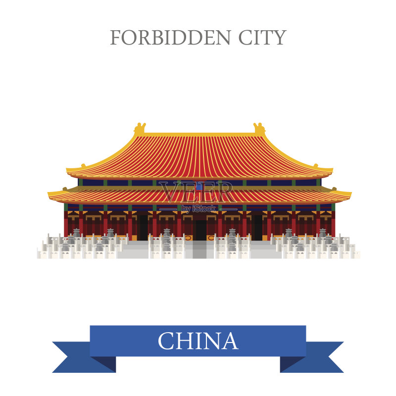 紫禁城皇宫从明清到北京中国。平面卡通风格历