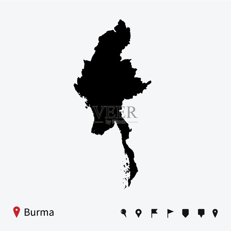 高详细的缅甸矢量地图导航引脚。矢量图素材下