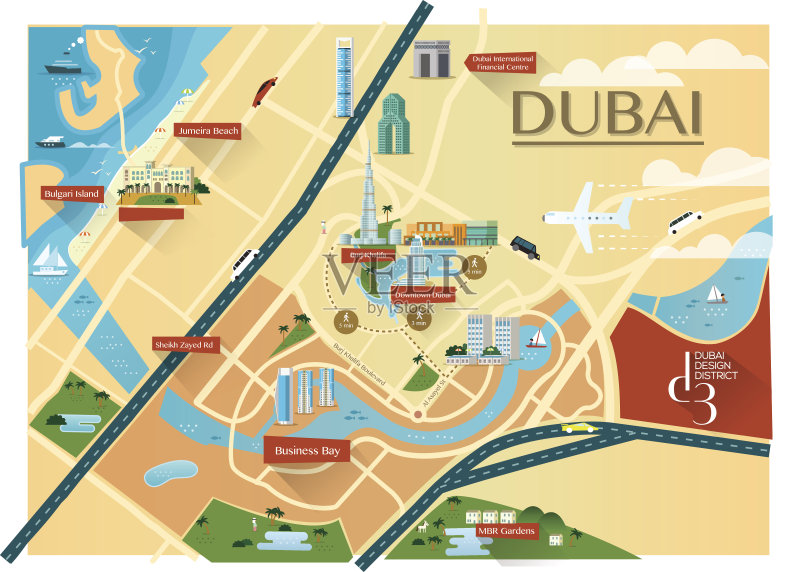 迪拜地图与建筑物 - 平矢量图素材下载 - Veer图