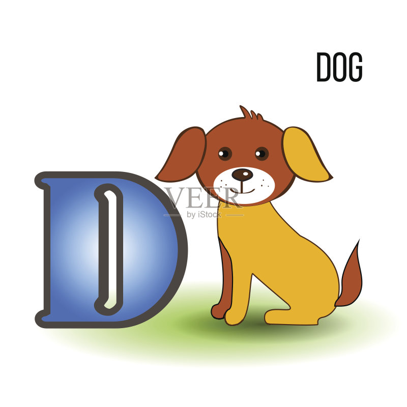 可爱的动物园英文字母表D与卡通狗,矢量彩色插