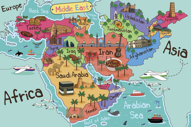 中东国家地图卡通风格矢量图素材下载 - Veer图