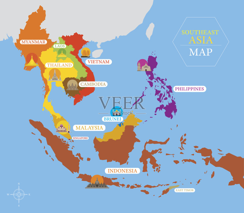 东南亚地图与国家图标和位置矢量图素材下载 