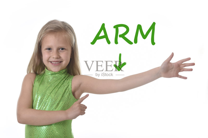 年轻的女生指着手臂在身体部位学习英文单词图