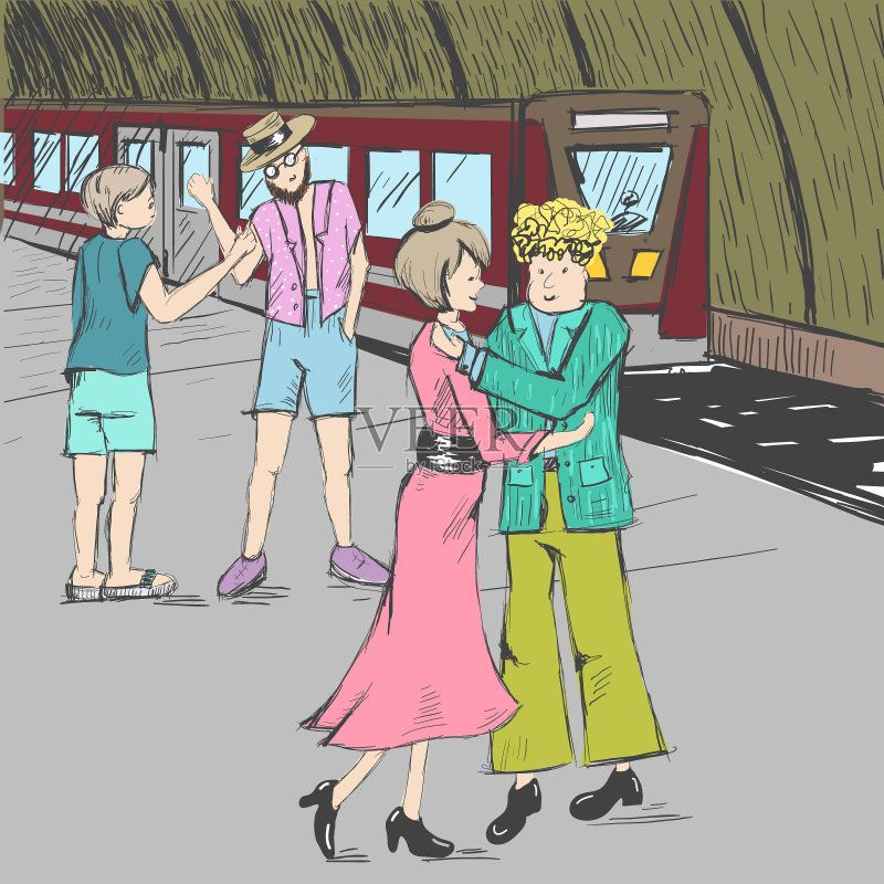 漫画。人们在地铁里说再见。一列火车。一个女