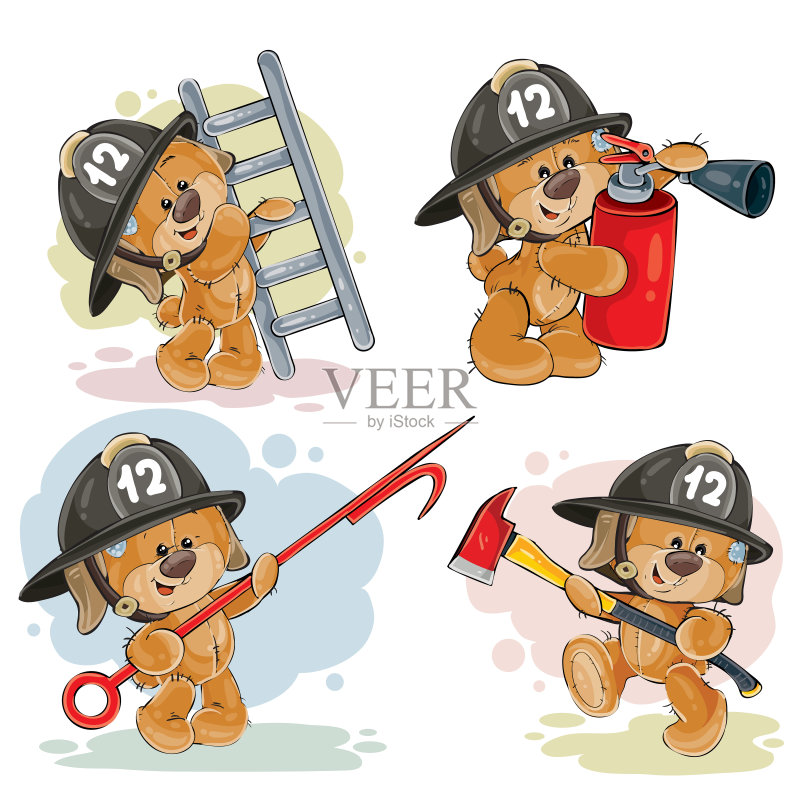 一整套玩具熊消防员卡通人物矢量图素材下载 
