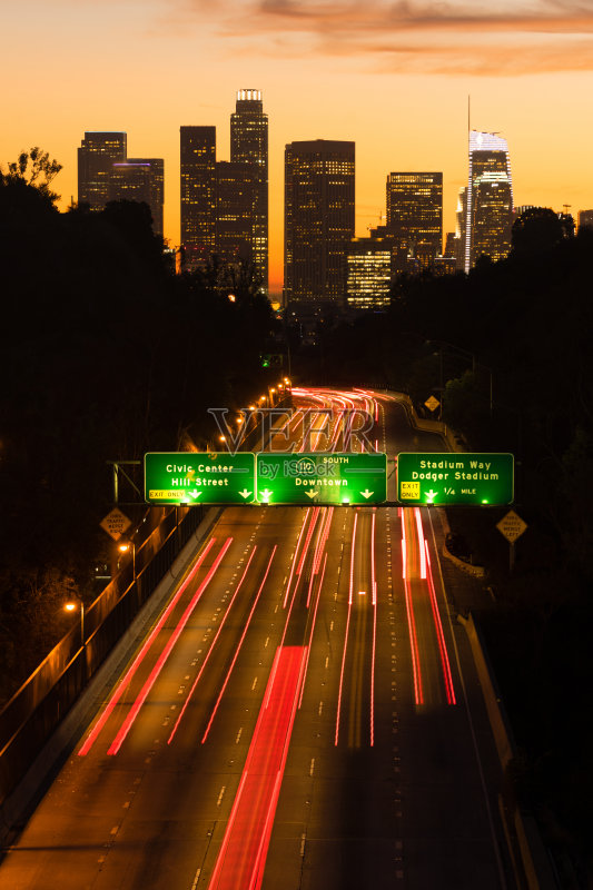 交通,城市天际线,黄昏,洛杉矶,高峰时间