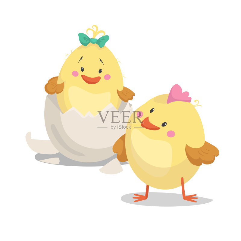鸡新出生的男孩和女孩小鸡孵蛋。卡通平时尚设