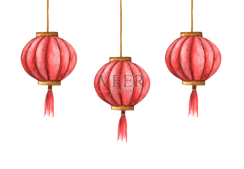 孤立在白色背景上的中国灯笼的手绘水彩插图。