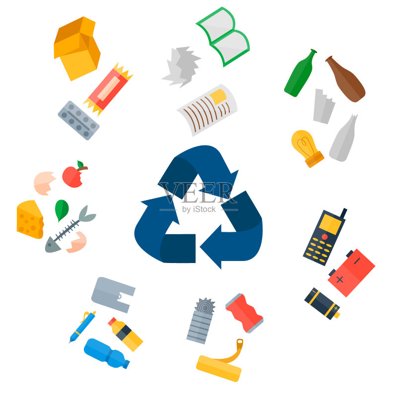 不同的回收垃圾废物类型分类处理,处理重新制