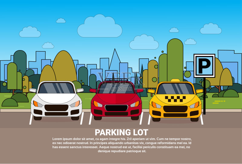 与不同的汽车和出租汽车的停车场视图在剪影城