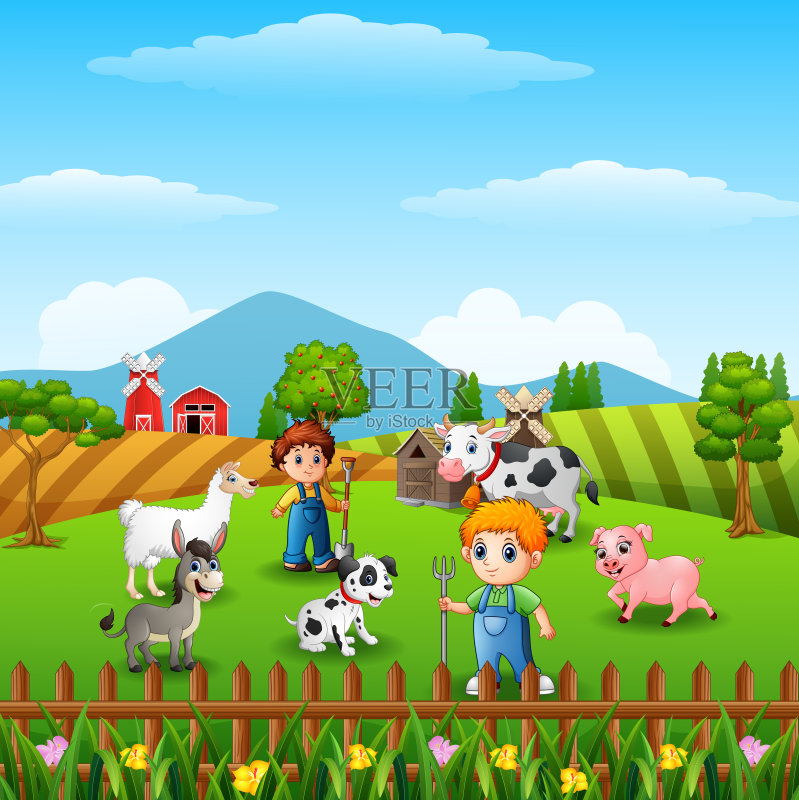 动物与动物在农场的卡通小农民矢量图素材下载