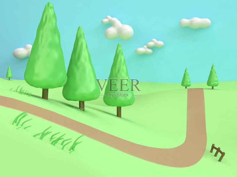 3d低多松树卡通最小样式抽象自然绿色的田野