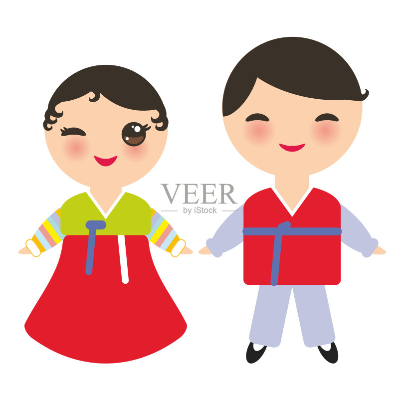 韩国人卡哇伊男孩和女孩在民族服装Hanbok朝