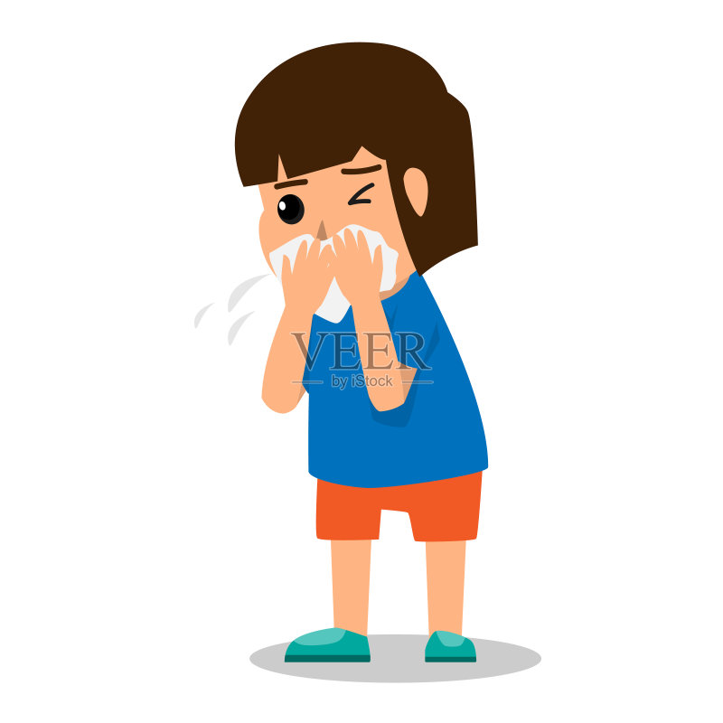 女孩小孩咳嗽,因为生病和发烧。卫生保健卡通