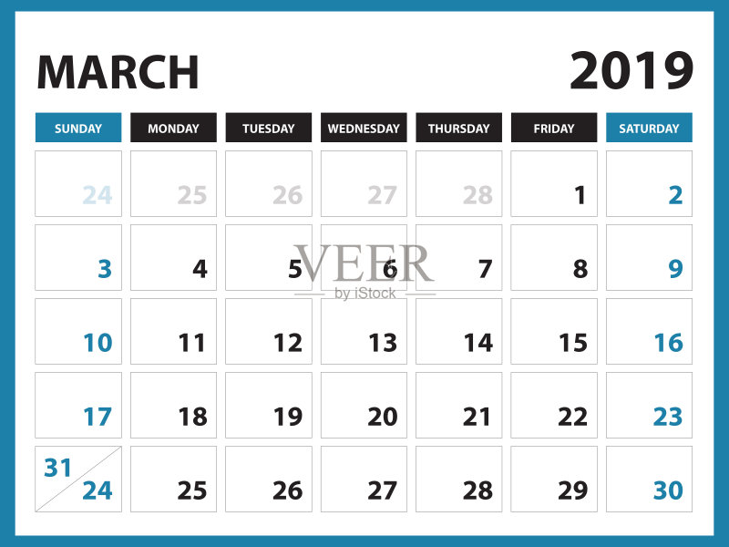 台历2019年模板设计,2019年3月,矢量商业日历