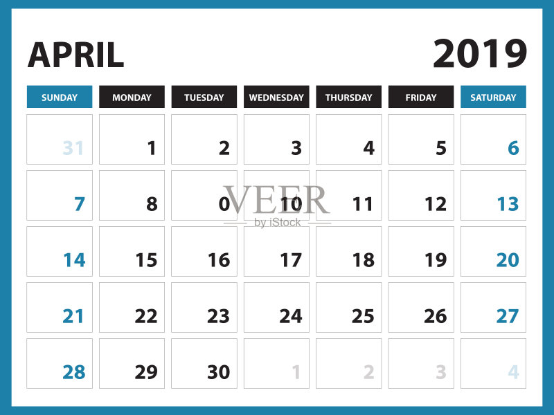 台历2019年模板设计,2019年4月,矢量商业日历
