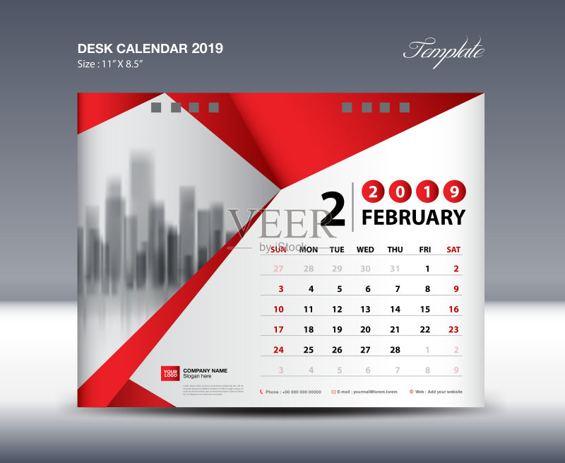 2月桌面日历2019模板,每周开始周日,文具设计
