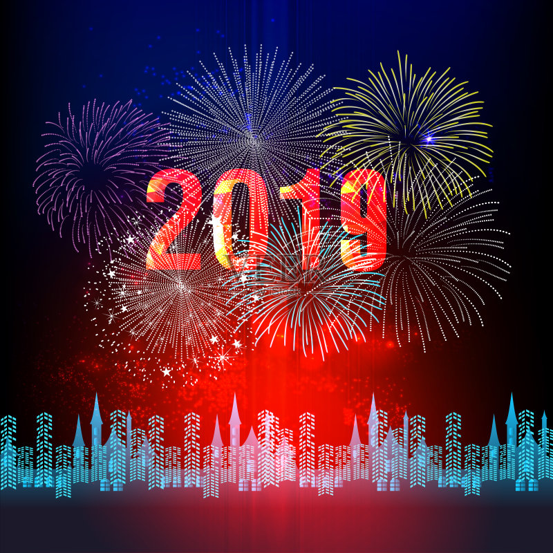 为新年快乐2019年和假日概念显示的烟花矢量