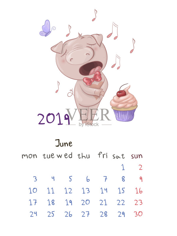 每月创意日历2019年与可爱的卡通猪。矢量图