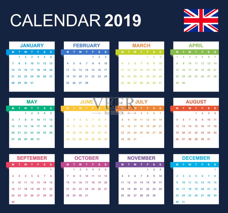2019年英语日历。日程表,议程或日记模板。周